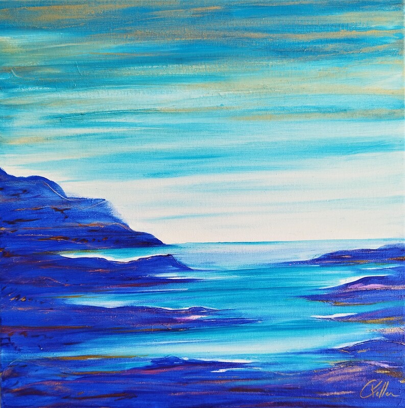 peinture figurative paysage mer bleu océan art huile sur toile ciel turquoise or marine outremer bleu roi 