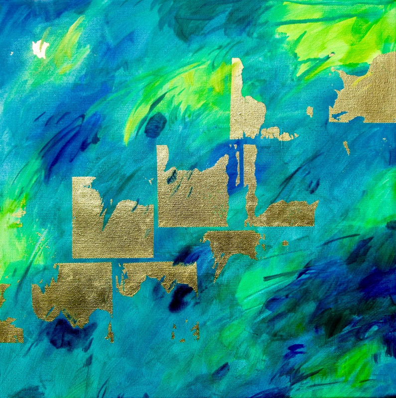 art abstrait peinture huile toile ciel bleu vert feuille or paysage 