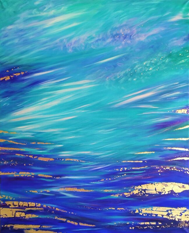 Peinture figurative paysage mer bleu océan art huile sur toile ciel turquoise or marine outremer cobalt ciel feuille d'or
