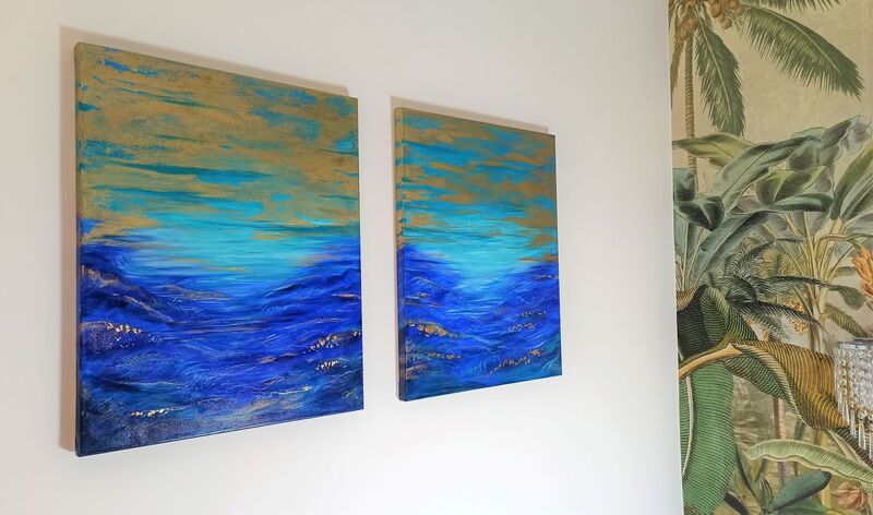 océan art abstrait acrylique toile ciel turquoise bleu roi or 