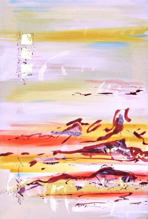 paysage rouge orange bordeaux toile peinture abstraite art abstrait ciel huile calligraphie feuille d'or estampe paysage mer