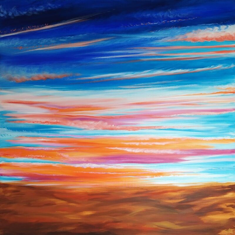 Peinture figurative paysage huile sur toile ciel turquoise  outremer cobalt couché de soleil orange rose